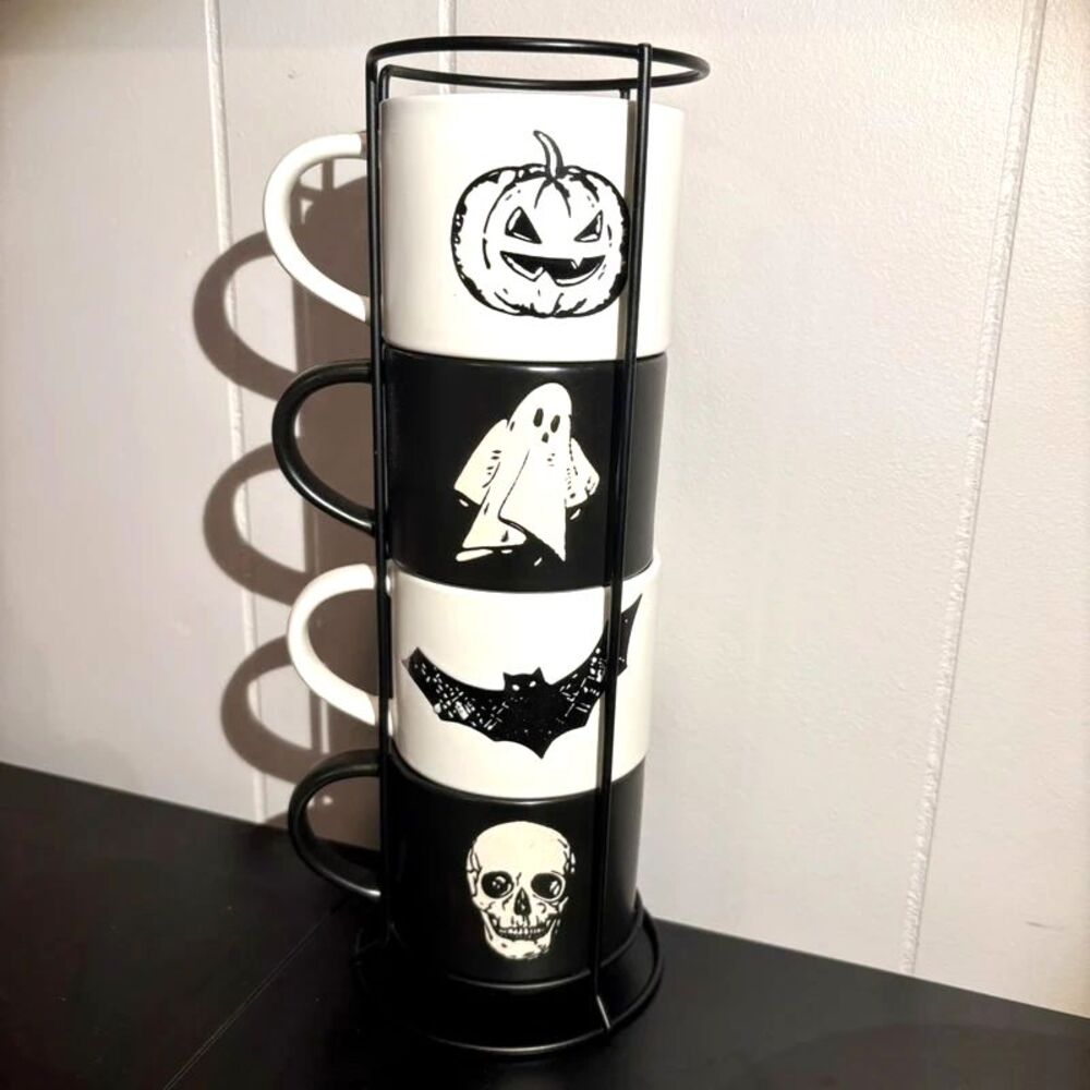 Halloween Stacking Mug Set with Metal Holder 4-Piece Way To Celebrate